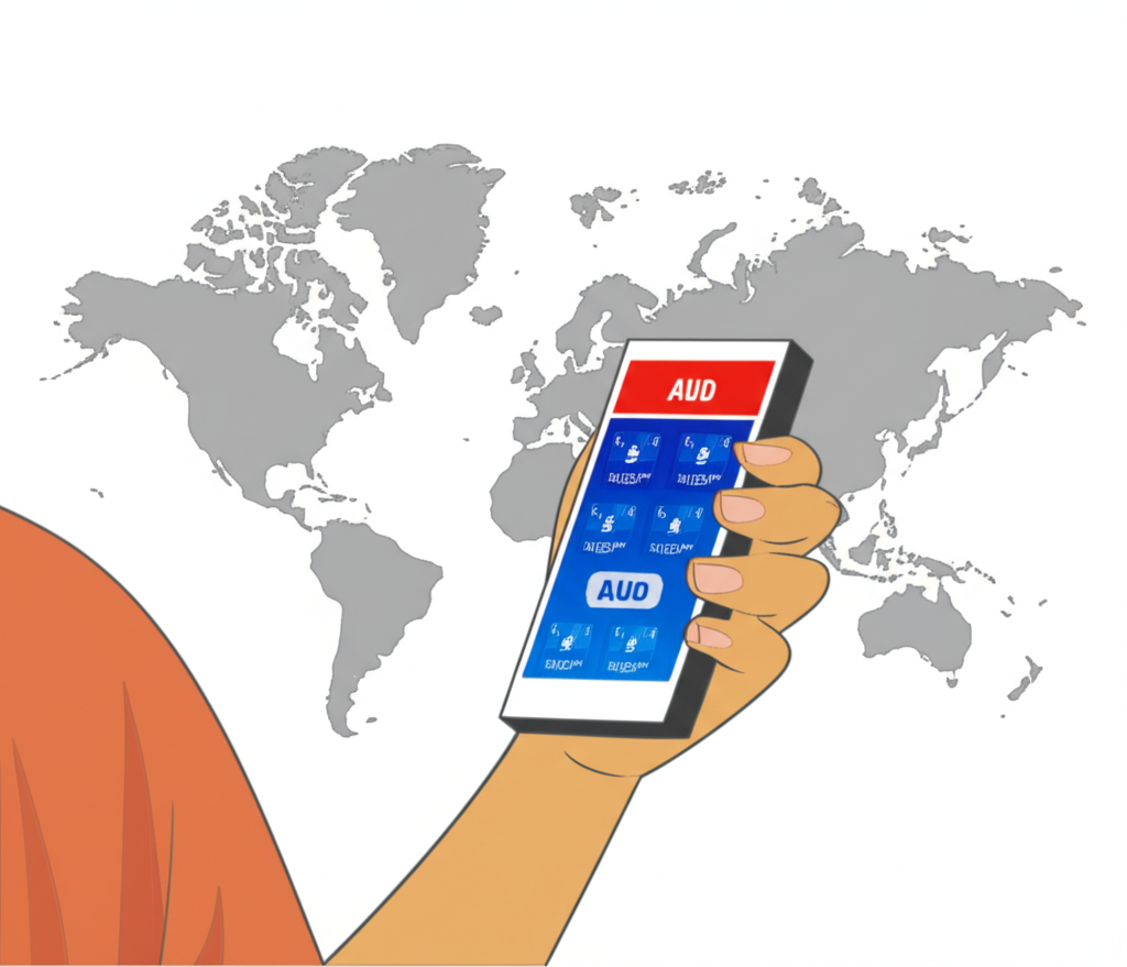 ภาพประกอบคนไทยใช้สมาร์ทโฟนตรวจสอบอัตราแลกเปลี่ยน AUD พร้อมพื้นหลังแผนที่โลก