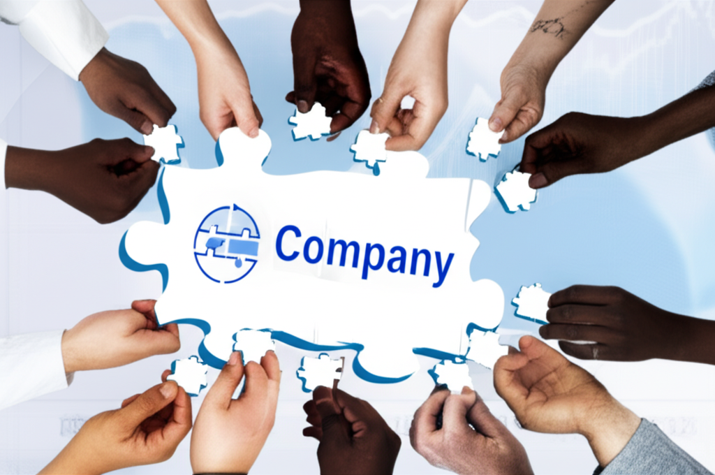 ภาพประกอบของผู้คนหลากหลายที่กำลังถือชิ้นส่วนปริศนาของบริษัทขนาดใหญ่ พร้อมกราฟหุ้นเป็นพื้นหลัง