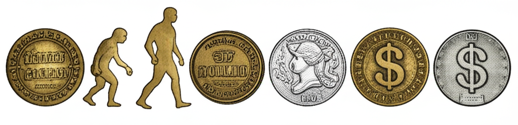 ภาพประกอบวิวัฒนาการของสัญลักษณ์ดอลลาร์สหรัฐ จากเหรียญในอดีตสู่ธนบัตรสมัยใหม่พร้อมไทม์ไลน์