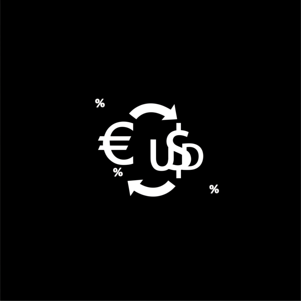 EUR/USD currency pair with exchange arrows and pips