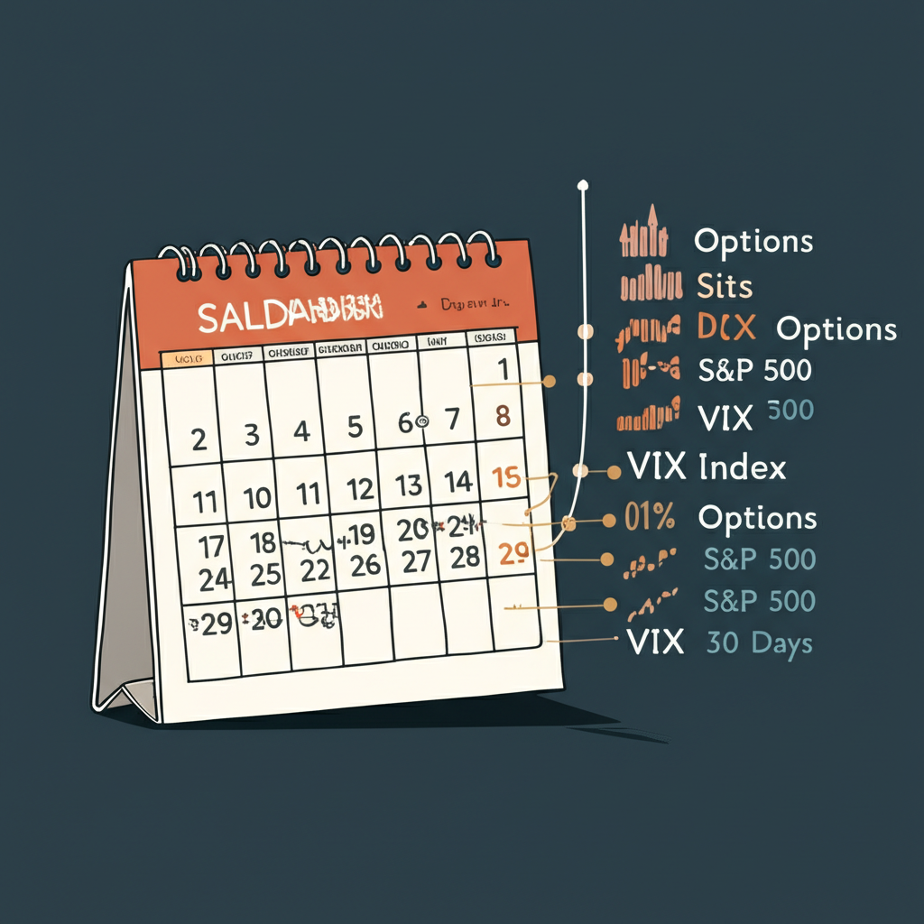 illustration a calendar showing 30 days ahead with S&P 500 options data flowing into a VIX calculation
