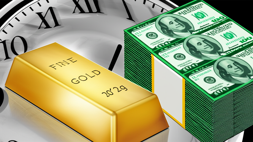 Clock with fast hands and gold bar turning into profit for intraday trading