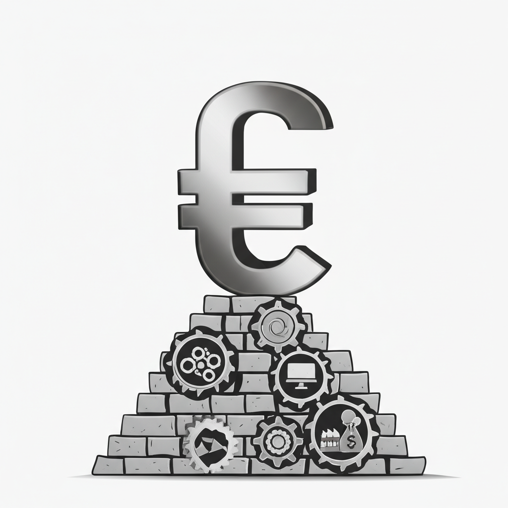 illustration showing a strong currency symbol standing tall on a stable economic foundation with gears representing political stability and key revenue sources