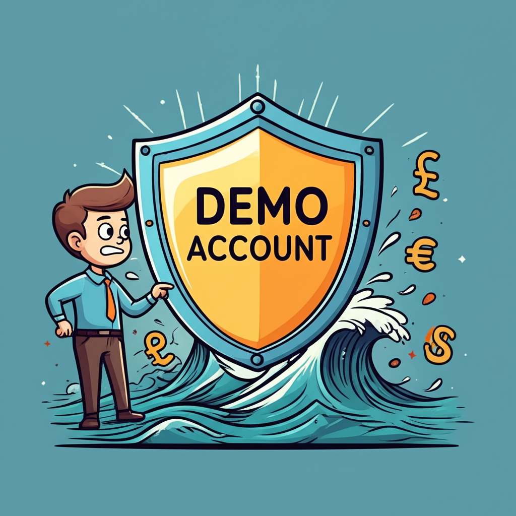 beginner trader protected by demo account shield navigating a risky forex market