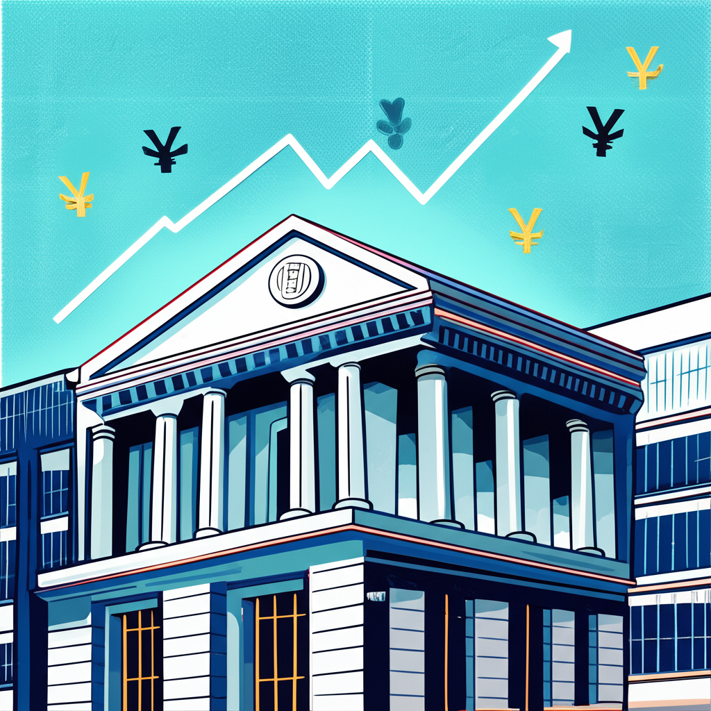 illustration Bank of Japan building with a graph showing rising interest rates and yen currency symbols