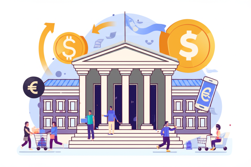 ภาพประกอบธนาคารกลางจัดการสภาพคล่องทางเศรษฐกิจ การไหลเวียนเงินและกิจกรรมของผู้คนรอบอาคารใหญ่