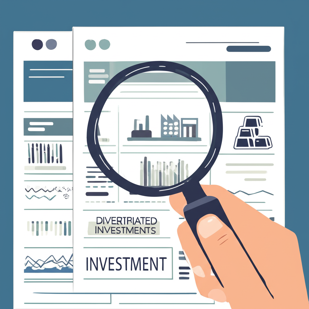 ภาพประกอบของบุคคลกำลังใช้แว่นขยายดูกราฟหุ้นพร้อมสัญลักษณ์การลงทุนที่หลากหลายและการกระจายความเสี่ยง