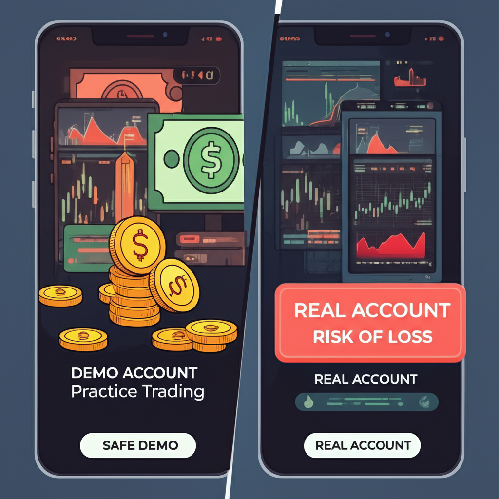 ภาพประกอบสองสภาพแวดล้อมการเทรดที่แตกต่างกัน: แบบ Demo ที่ปลอดภัยด้วยเงินปลอม และแบบ Real Account ที่มีความเสี่ยงจริง