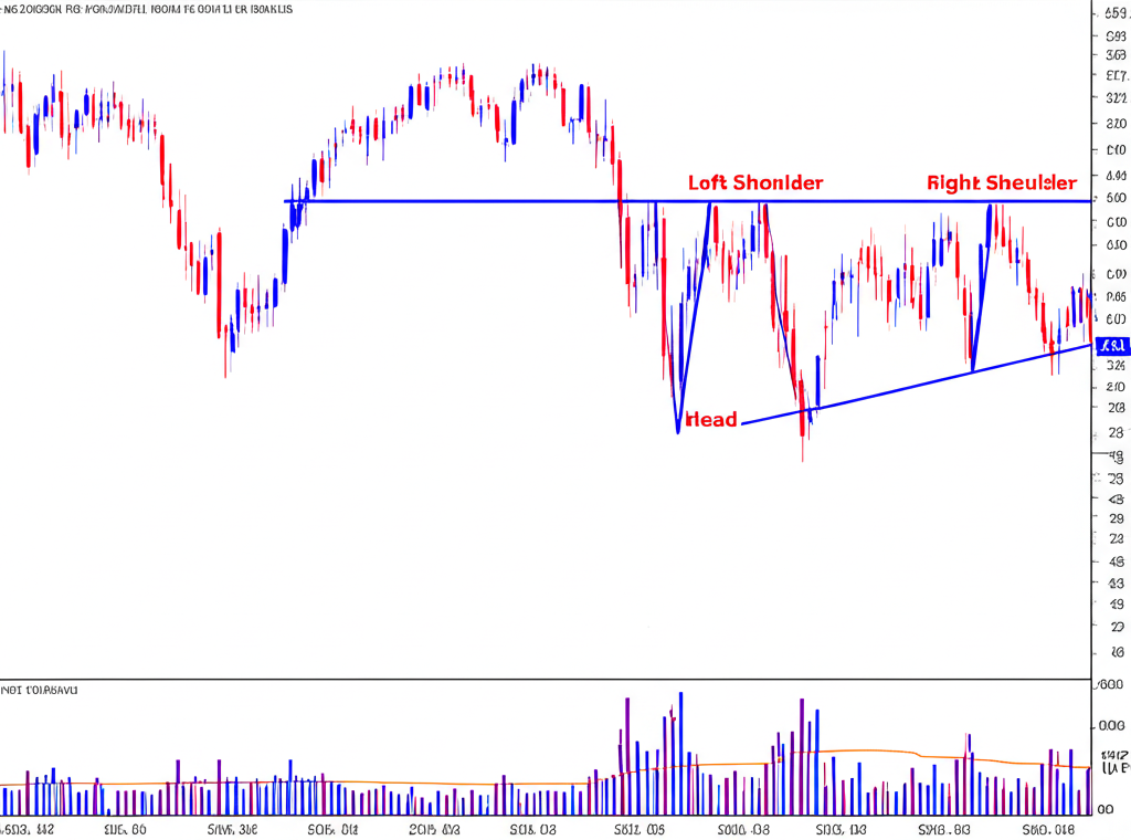 กราฟละเอียดแสดงไหล่ซ้าย หัว ไหล่ขวา และเส้น Neckline พร้อมแท่งปริมาณการซื้อขาย