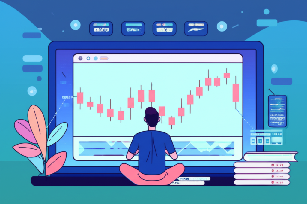 ภาพประกอบบุคคลศึกษากราฟการเงิน เช่น หุ้นและคริปโตบนหน้าจอพร้อมแนวโน้มข้อมูล