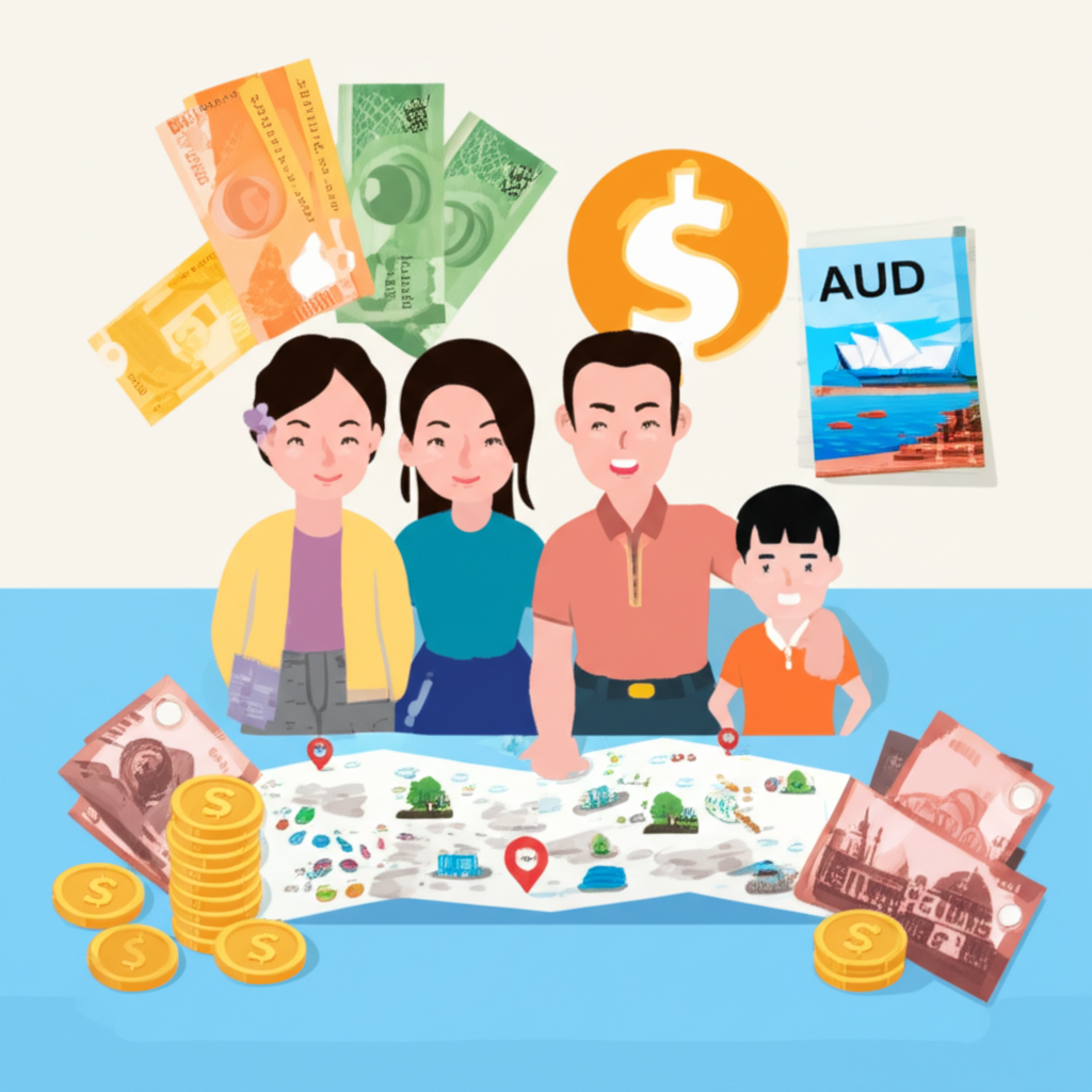 ภาพประกอบครอบครัวไทยวางแผนท่องเที่ยวออสเตรเลียพร้อมสัญลักษณ์เงิน AUD และสถานที่สำคัญของออสเตรเลีย