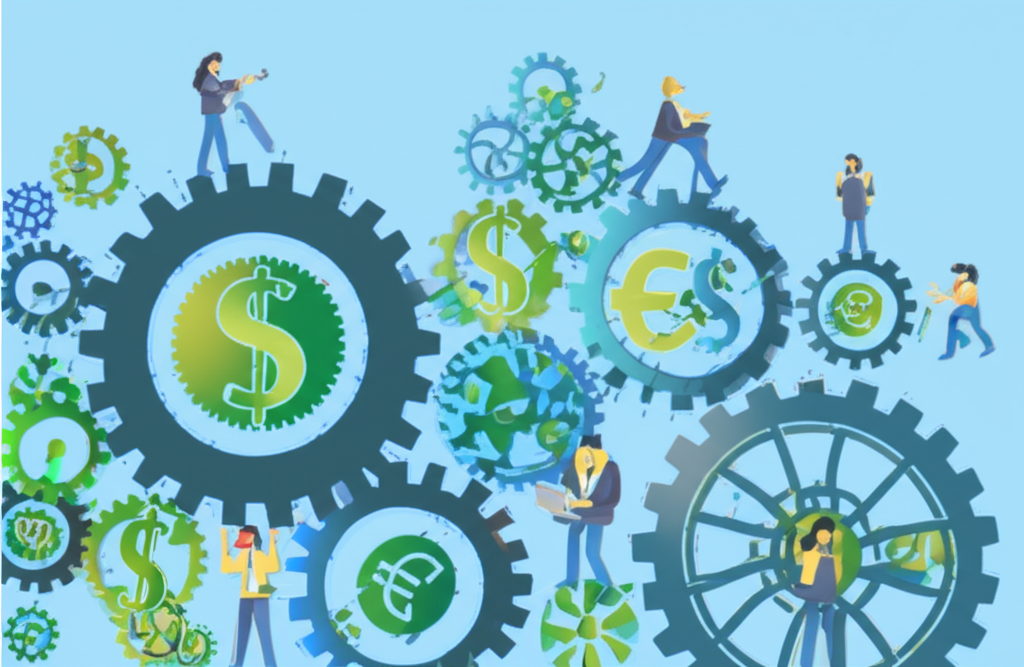 An illustration of a complex financial system with interconnected gears money symbols and people interacting in a stable economy