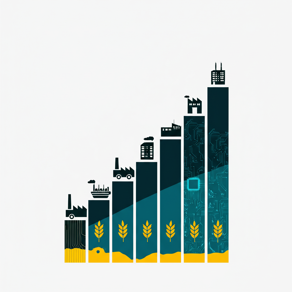 ภาพประกอบกราฟ GDP ที่เติบโต แสดงภาคส่วนเศรษฐกิจต่างๆ ที่เกี่ยวข้องกับสินค้าและบริการ