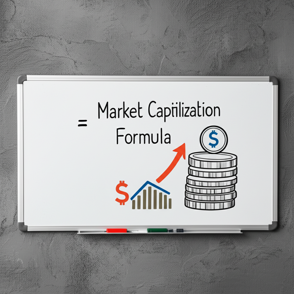 กระดานไวท์บอร์ดแสดงสูตรมาร์เก็ตแคปพร้อมเหรียญและสัญลักษณ์ตลาดหุ้น