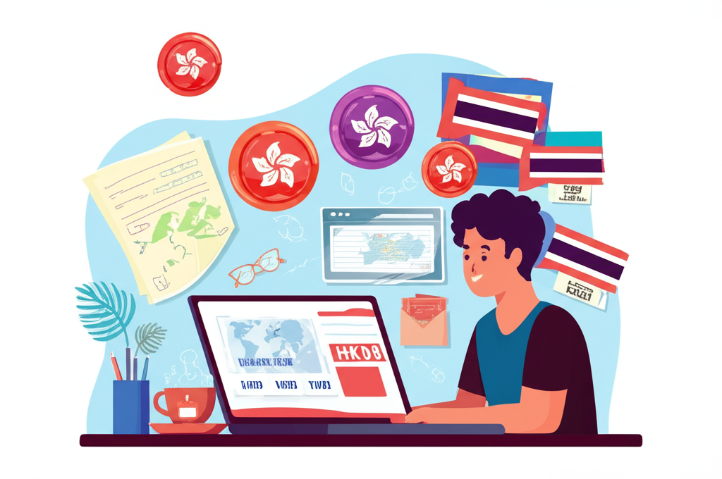 illustration person planning trip to Hong Kong checking real time HKD THB exchange rates