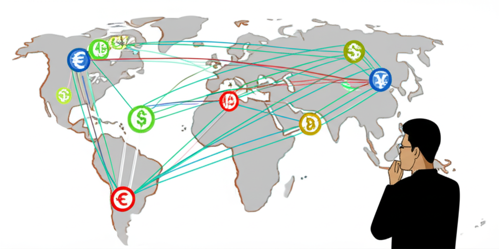 illustration of a global economic network with diverse currencies flowing between countries and a Thai person observing investment opportunities
