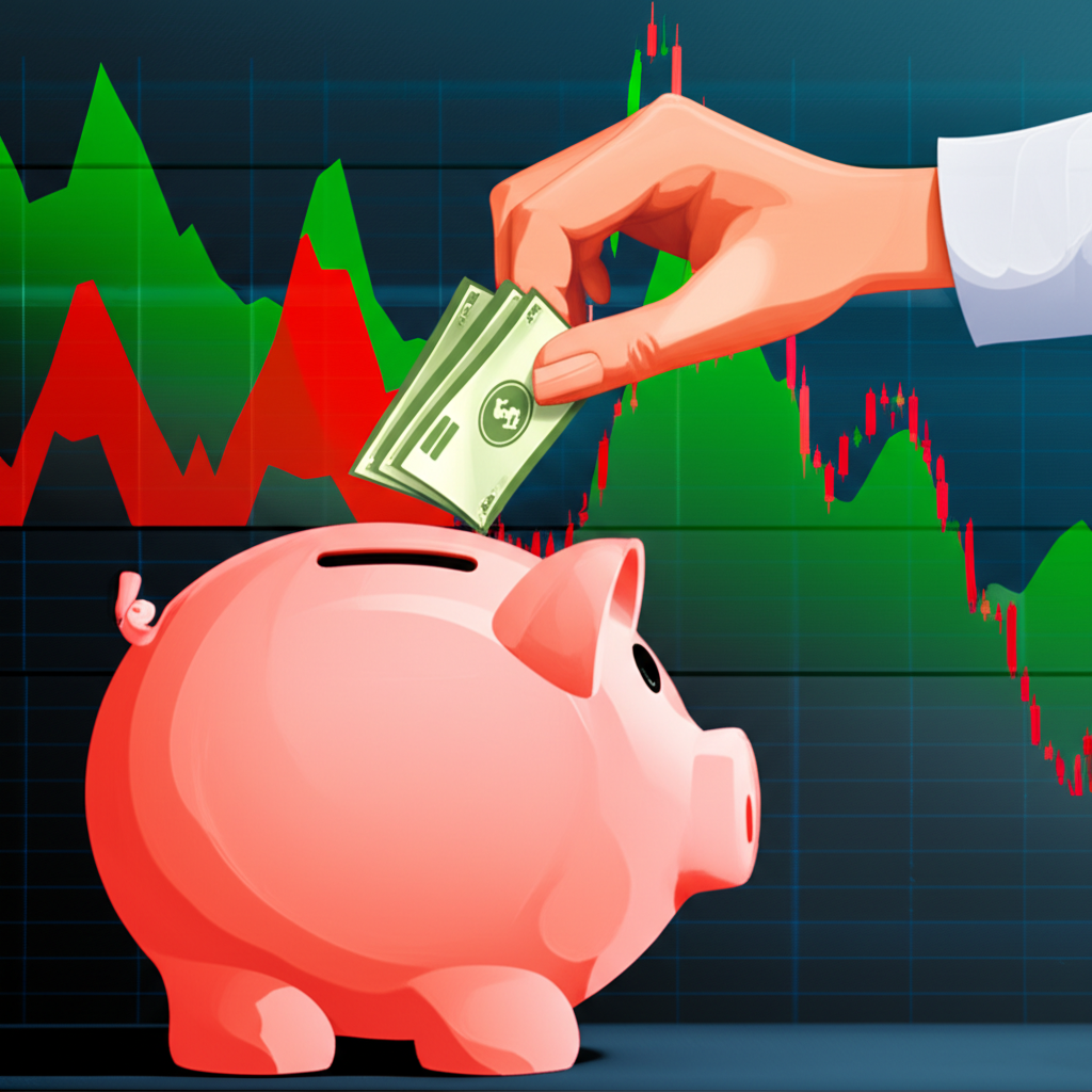 ภาพประกอบบุคคลกำลังเก็บเงินอย่างสงบสุข ขณะที่กราฟตลาดผันผวนอยู่เบื้องหลัง