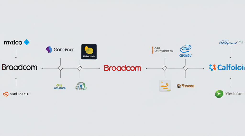 ไทม์ไลน์การควบรวมกิจการของบริษัทกับโลโก้ Broadcom ตรงกลางเชื่อมโยงบริษัทเทคโนโลยีต่างๆ