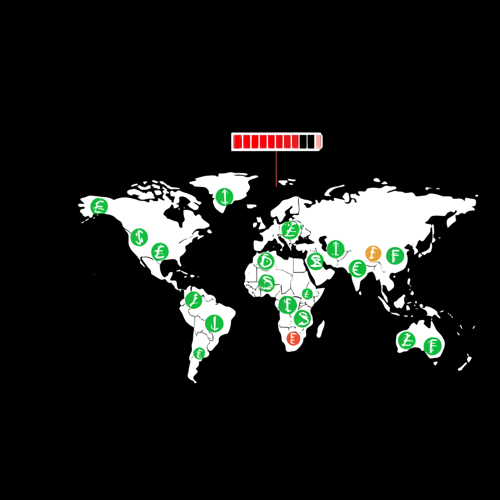 ภาพประกอบแผนที่โลกพร้อมตัวชี้วัดทางการเงินและสัญลักษณ์แถบสุขภาพที่แสดงถึงสุขภาพเศรษฐกิจ