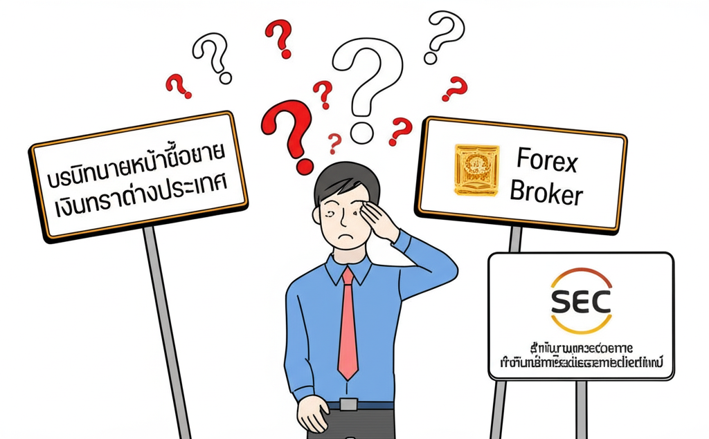 ภาพประกอบนักลงทุนไทยสับสนกับป้ายโบรกเกอร์ Forex และป้าย ก.ล.ต. ล้อมรอบด้วยเครื่องหมายคำถาม