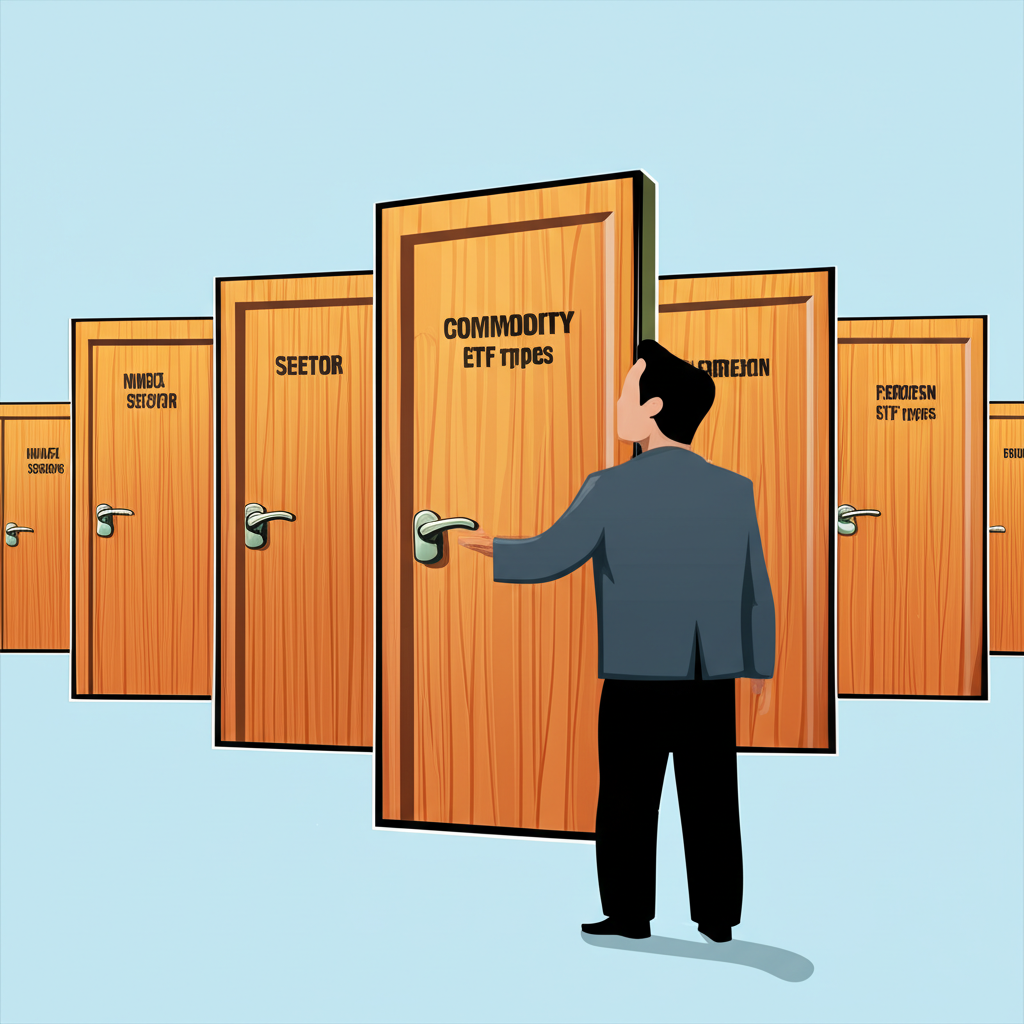 ภาพประกอบของบุคคลกำลังเลือกจากประตูหลายบานที่ติดป้าย Index Sector Commodity Foreign สำหรับประเภท ETF ต่างๆ