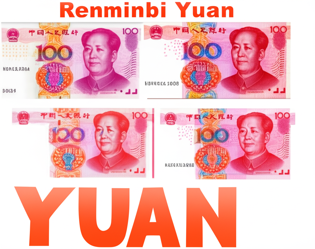 ภาพประกอบธนบัตรเงินจีนพร้อมข้อความ Renminbi และ Yuan แสดงชื่อทางการ