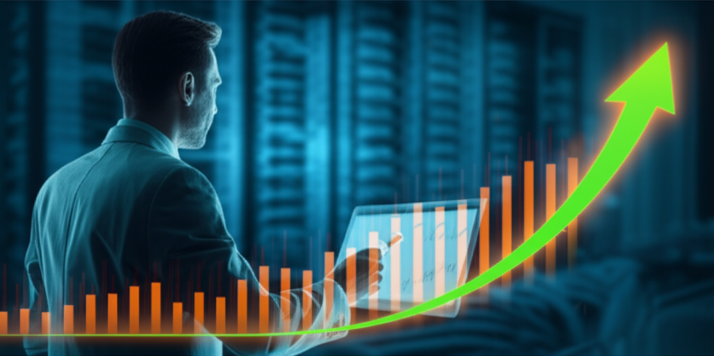 นักลงทุนกำลังมองดูกราฟหุ้น AVGO ที่ส่องแสงพร้อมพื้นหลังโครงสร้างพื้นฐานเทคโนโลยี