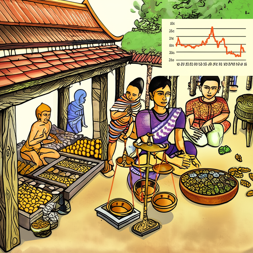 ภาพประกอบตลาดเก่าในไทยกับการค้าทองคำยุคแรกและกราฟแสดงความผันผวนราคาเริ่มต้น