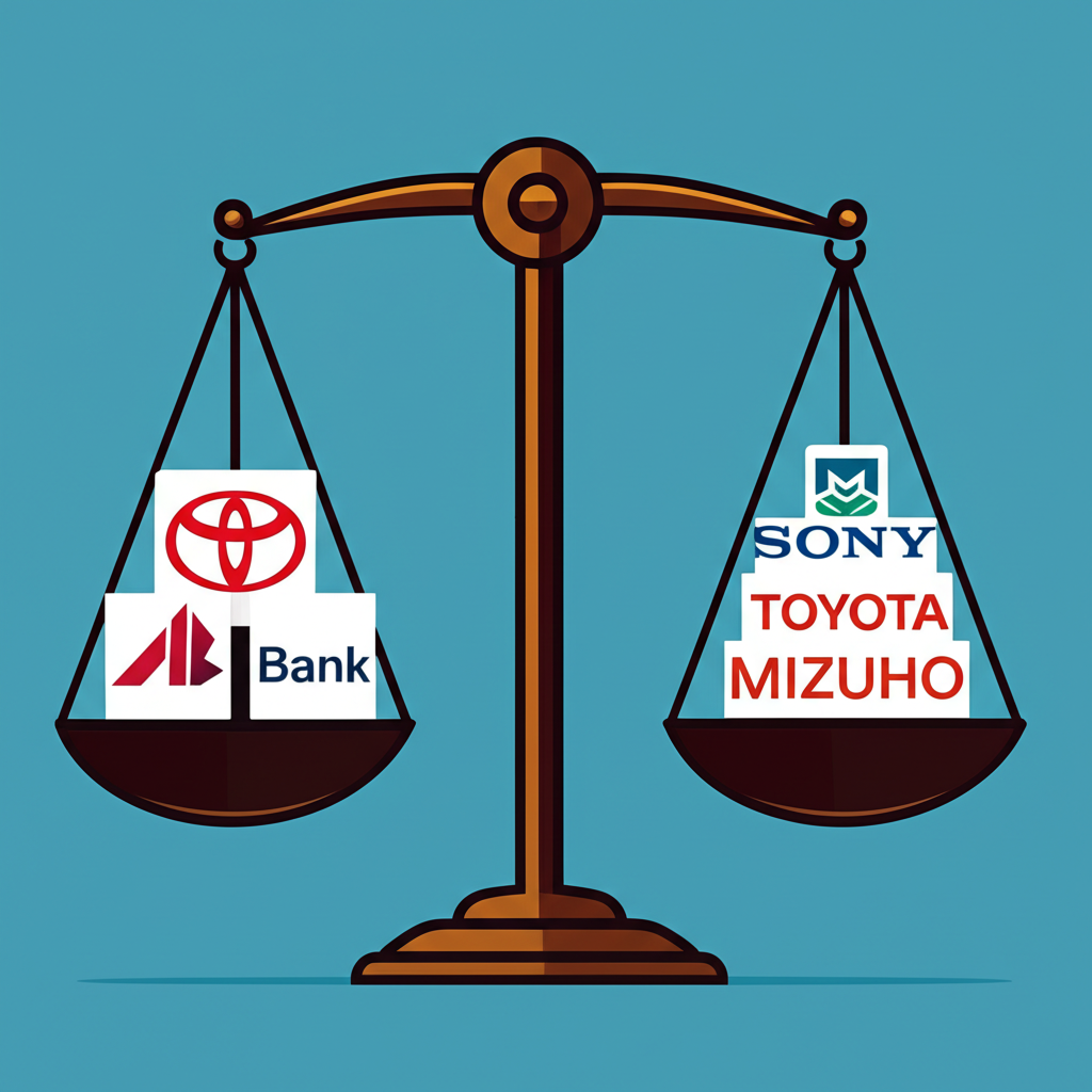 ภาพประกอบตาชั่งสมดุลกับโลโก้บริษัทอย่าง Sony Toyota Mizuho แสดงน้ำหนักหุ้น