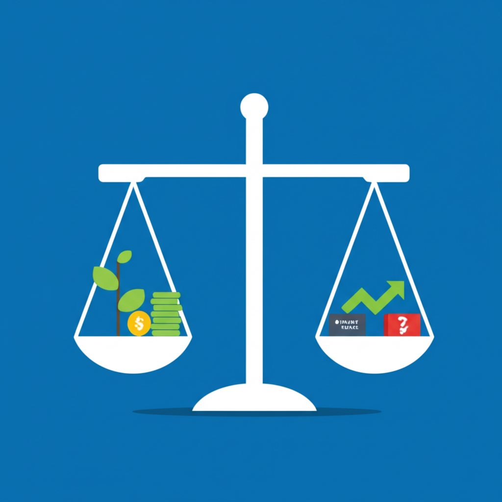 ภาพประกอบของตาชั่งสมดุลที่มีการเติบโตและเงินปันผลด้านหนึ่ง และความผันผวนของตลาดกับความเสี่ยงอีกด้าน