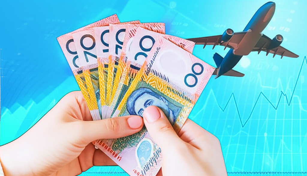 ภาพประกอบบุคคลกำลังถือดอลลาร์ออสเตรเลีย พร้อมพื้นหลังมีเครื่องบินและกราฟการลงทุน