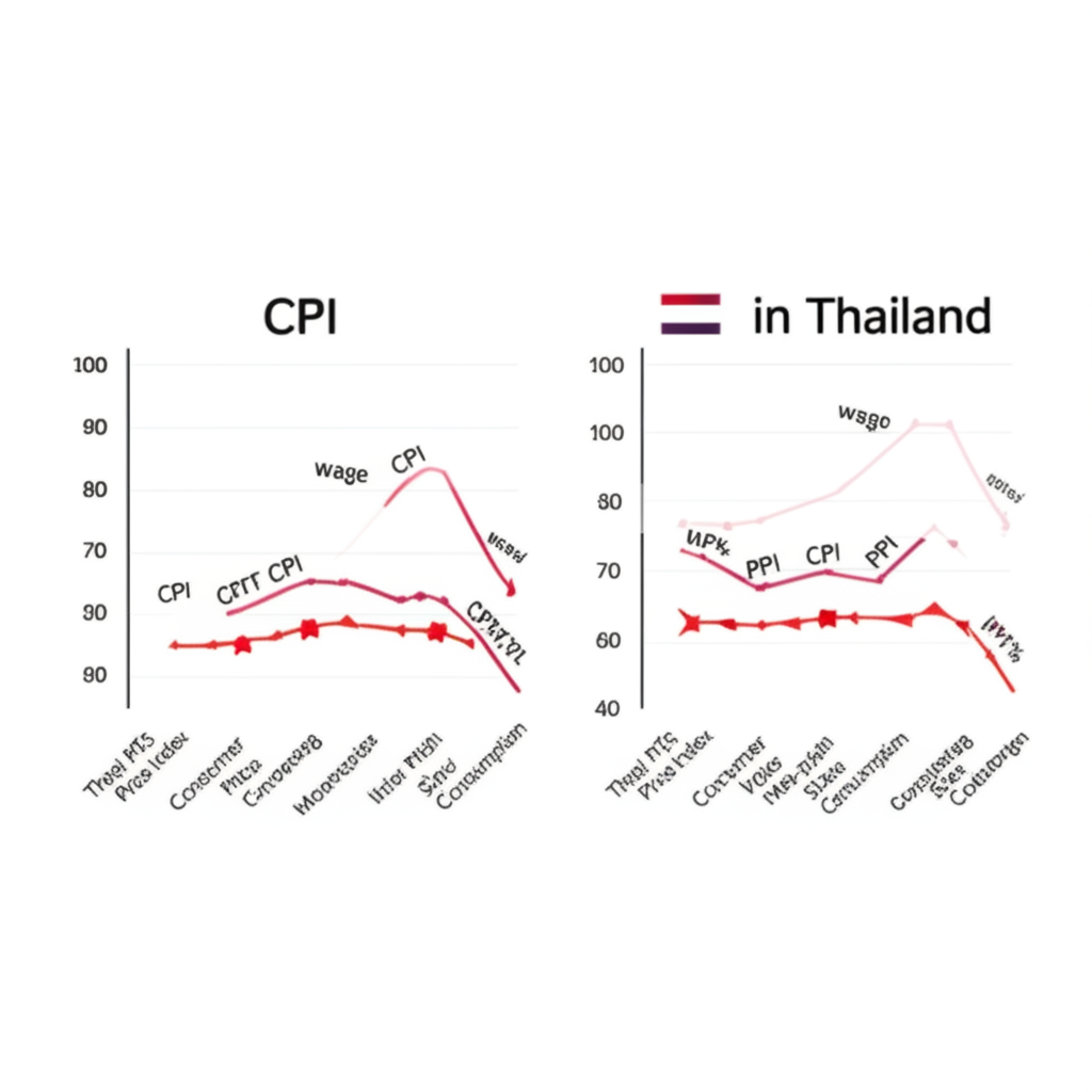 ภาพประกอบกราฟเศรษฐกิจแสดงการลดลงของดัชนีราคาผู้บริโภค ดัชนีราคาผู้ผลิต การลดค่าจ้าง และการบริโภคที่ชะลอตัวในประเทศไทย