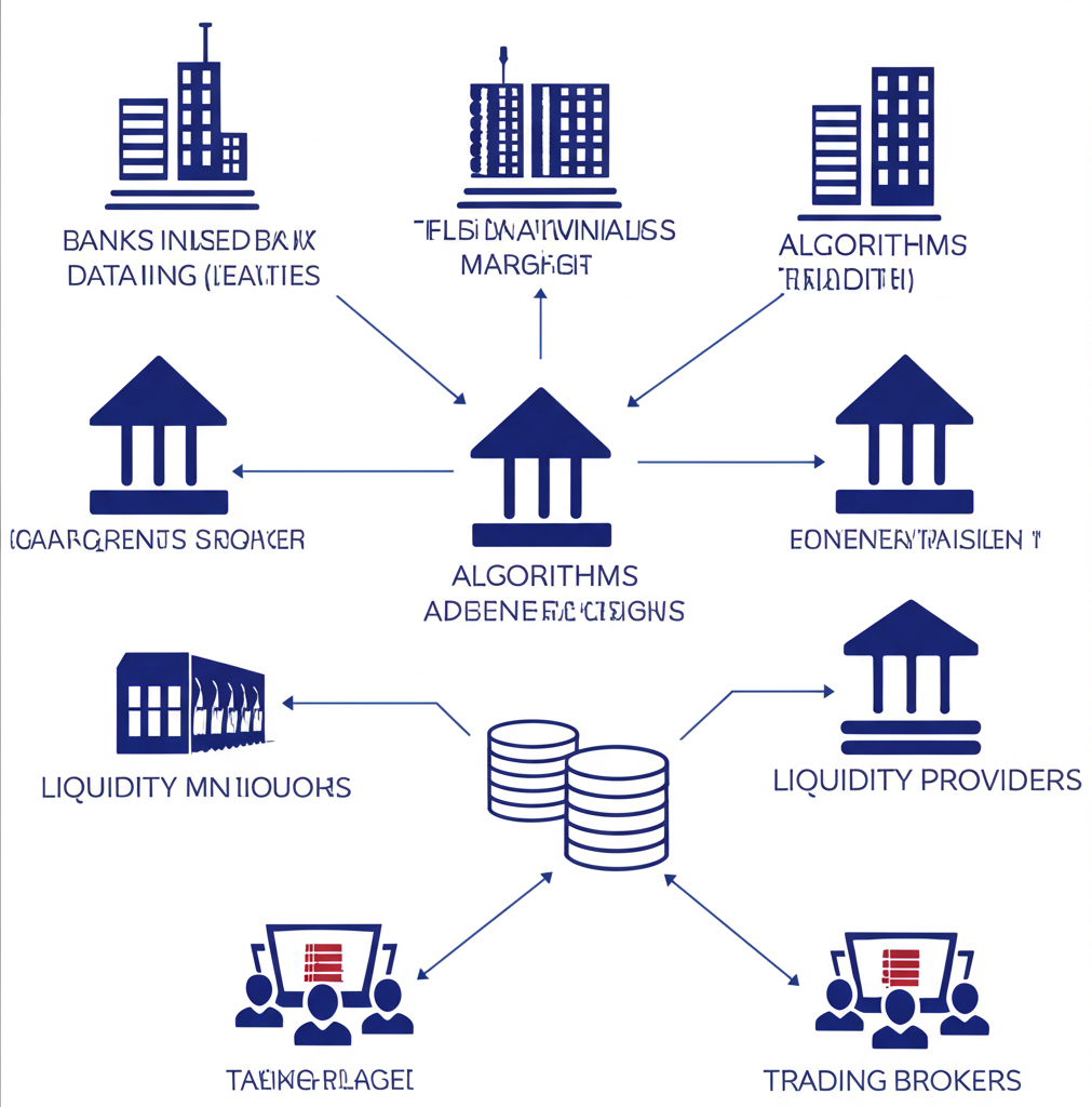 ภาพประกอบระบบที่ซับซ้อนซึ่งธนาคารและสถาบันการเงินส่งข้อมูลสู่อัลกอริทึมที่จัดการโดยผู้ให้บริการสภาพคล่อง แล้วส่งต่อไปยังโบรกเกอร์