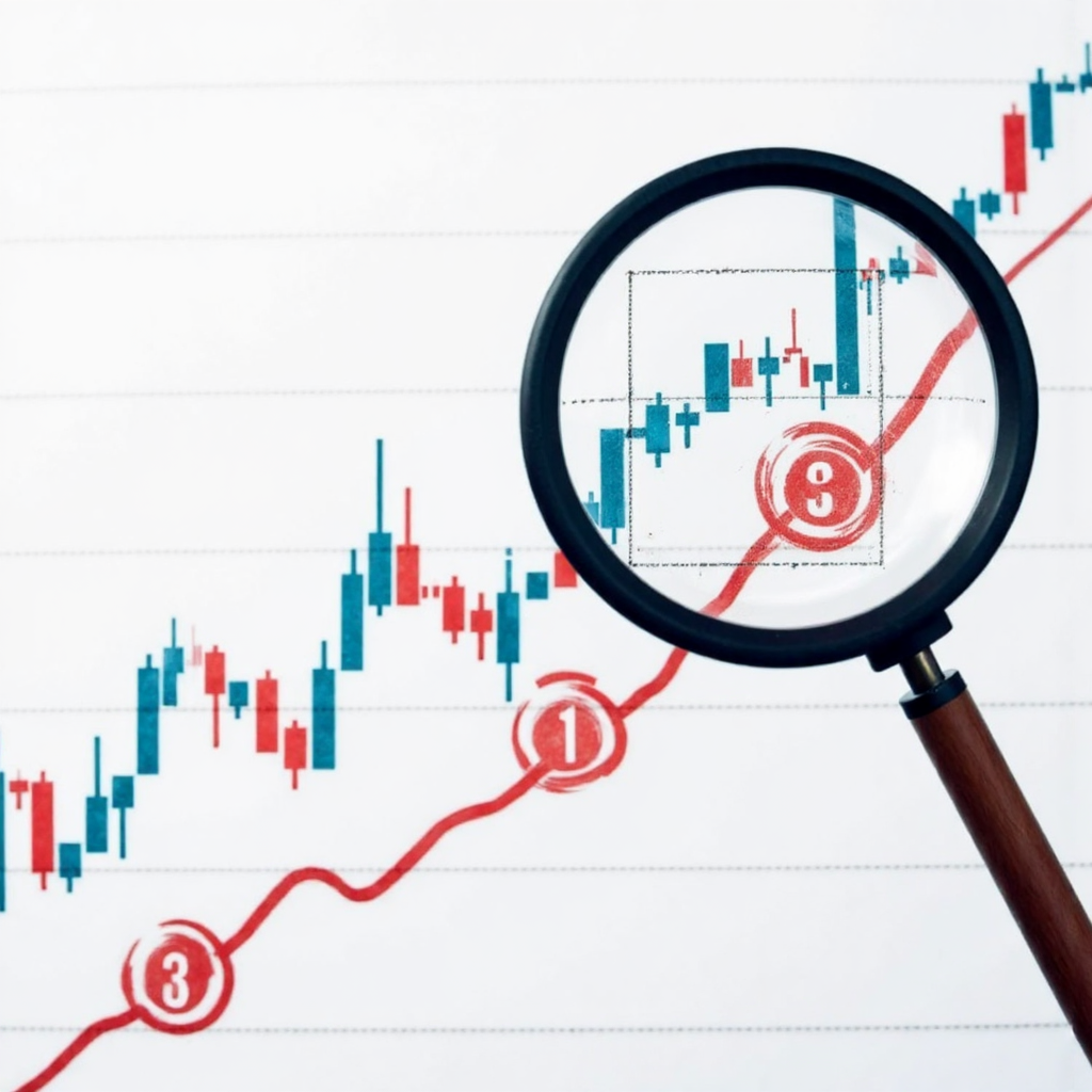 A close-up illustration of Fibonacci sequence numbers overlaid on a simplified stock market graph with a magnifying glass highlighting key retracement levels in a modern flat design style