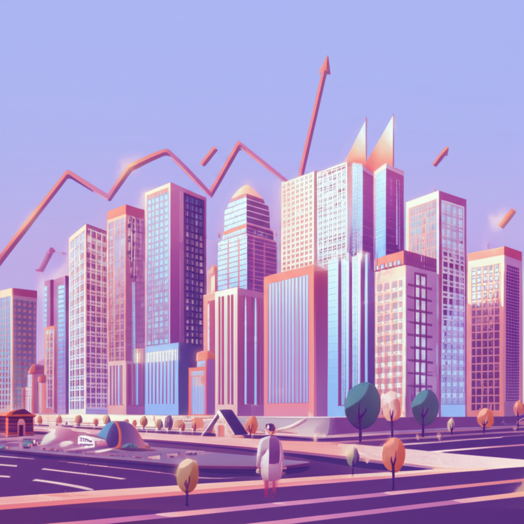 ภาพประกอบเมืองที่มีอาคารแทนสถาบันการเงินช่วยให้เงินไหลเวียนและเศรษฐกิจเติบโต