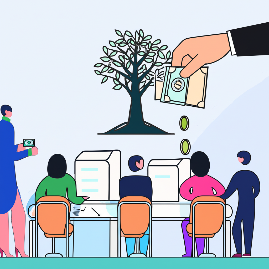 ภาพประกอบของผู้คนในห้องประชุมพร้อมกล่องลงคะแนน และบุคคลที่กำลังรับเงินจากต้นไม้แห่งเงินปันผล