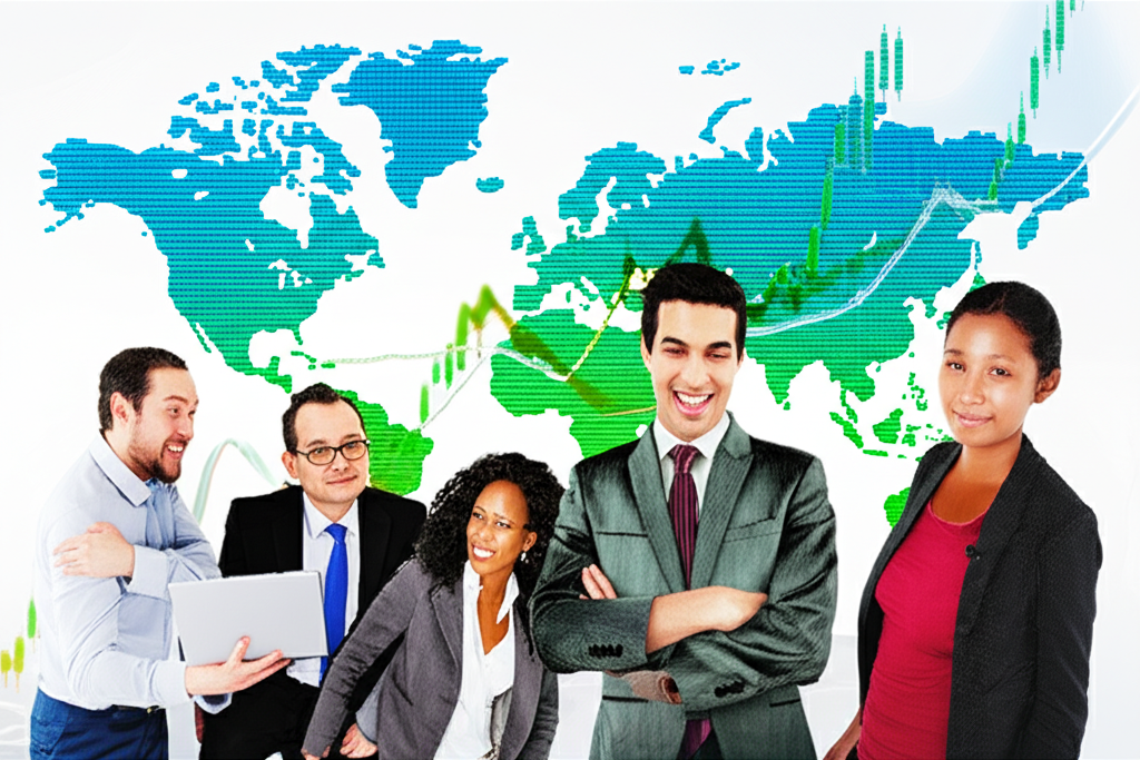 ภาพประกอบแผนภูมิตลาดหุ้นทั่วโลกหลากหลายกับพื้นหลังแผนที่โลกและนักลงทุนที่ยิ้มแย้ม