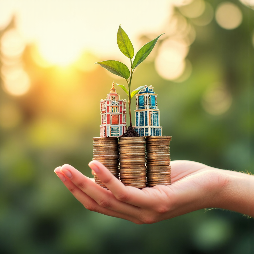 an artistic representation of a Thai hand holding a small plant growing from a stack of coins intertwined with miniature buildings symbolizing the growth potential of REIT investments in Thailand in a warm sunlight setting
