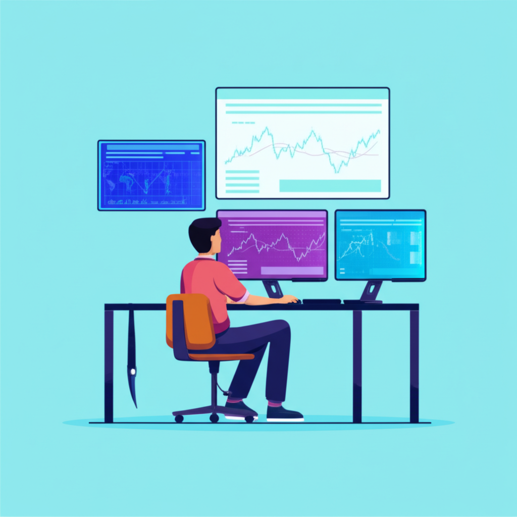 เทรดเดอร์วินัยสูงกำลังทำงานที่บ้านด้วยหน้าจอแสดงข้อมูลการเงินและกราฟ