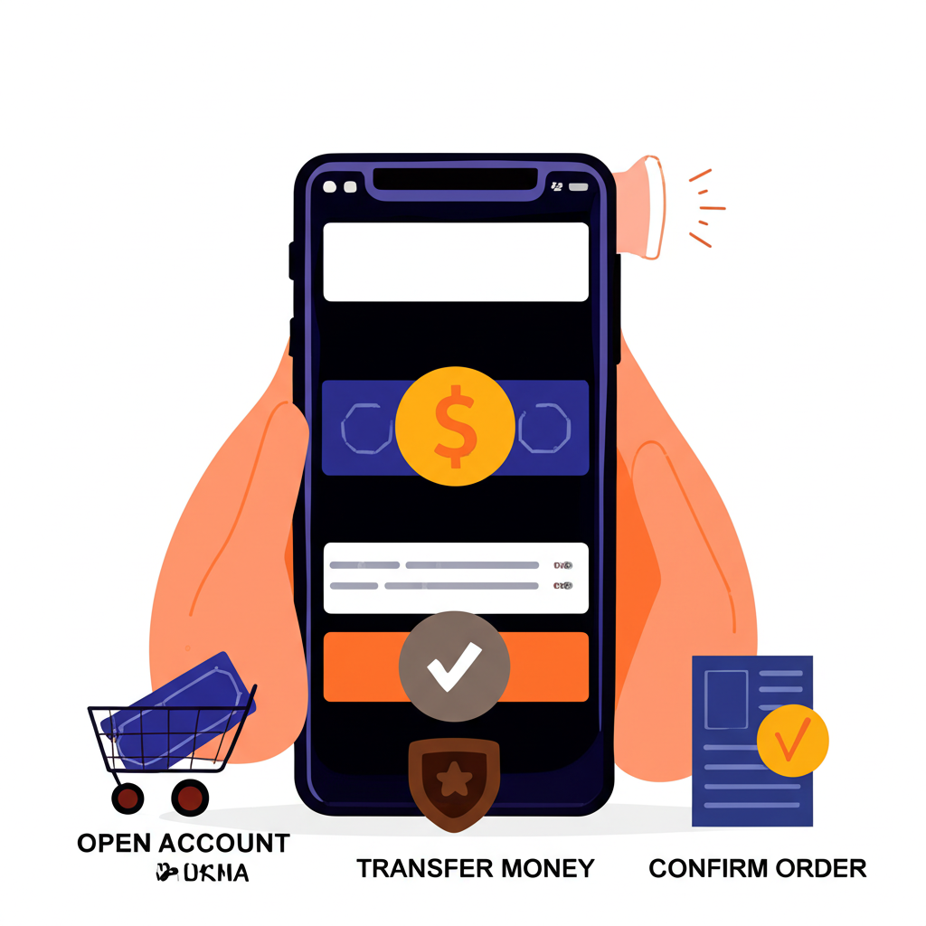 ภาพประกอบของบุคคลกำลังใช้แอปพลิเคชันบนมือถือเพื่อซื้อ ETF แสดงขั้นตอนเช่นเปิดบัญชี โอนเงิน และยืนยันคำสั่ง