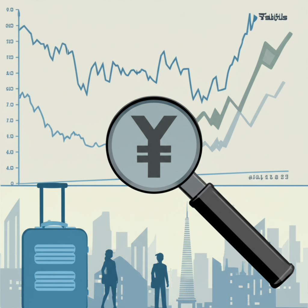 illustration a magnifying glass examining yen trends and their effects on Thai businesses and travelers