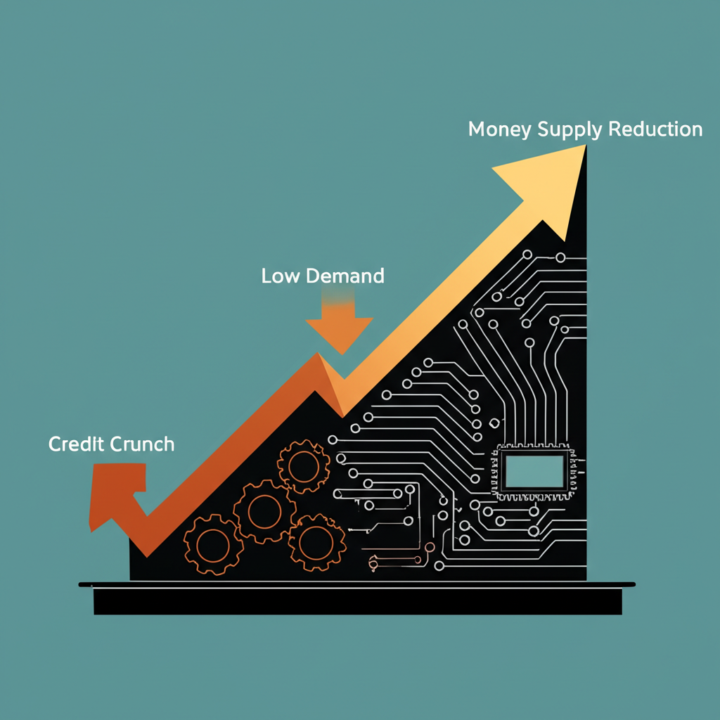 ภาพประกอบการลดลงของอุปทานเงิน การขาดแคลนสินเชื่อ อุปสงค์ต่ำ และความก้าวหน้าทางเทคโนโลยีในระบบเศรษฐกิจ