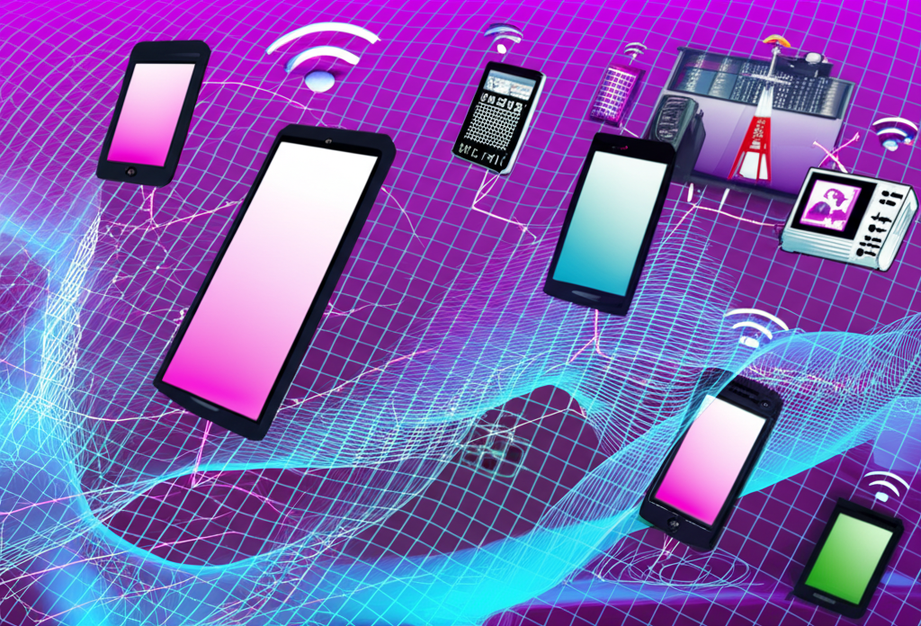 ภาพประกอบชีวิตประจำวันกับคลื่นความถี่สูง เช่น สมาร์ทโฟน วิทยุ ไมโครเวฟ และอินเทอร์เน็ต พร้อมลวดลายคลื่นนามธรรม