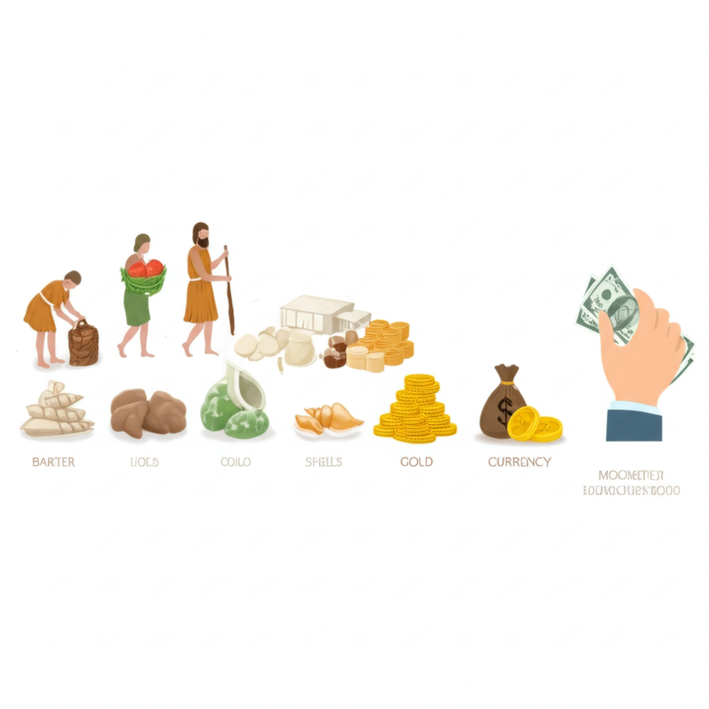 An illustration depicting the evolution of money from barter to shells gold coins and modern fiat currency