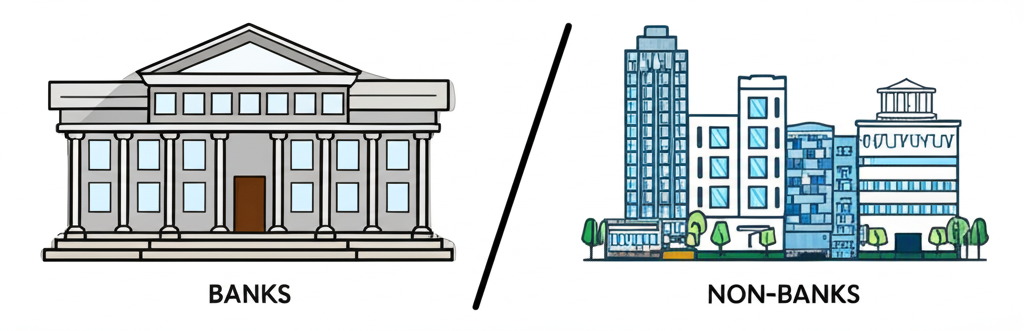 ภาพประกอบแสดงการแบ่งกลุ่มสถาบันการเงินชัดเจนระหว่างธนาคารและที่ไม่ใช่ธนาคาร