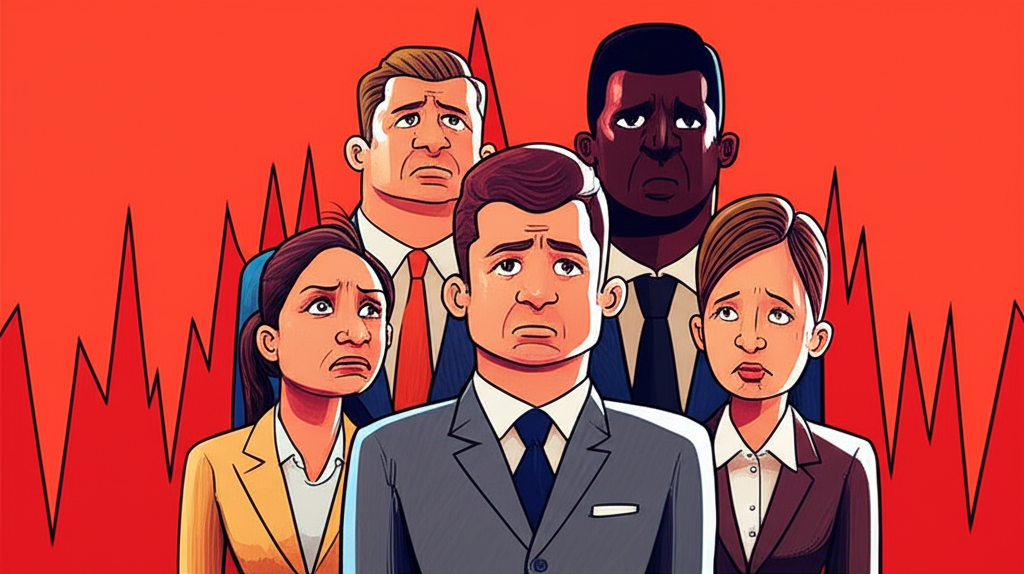 illustration a group of investors with worried expressions surrounded by rising VIX lines