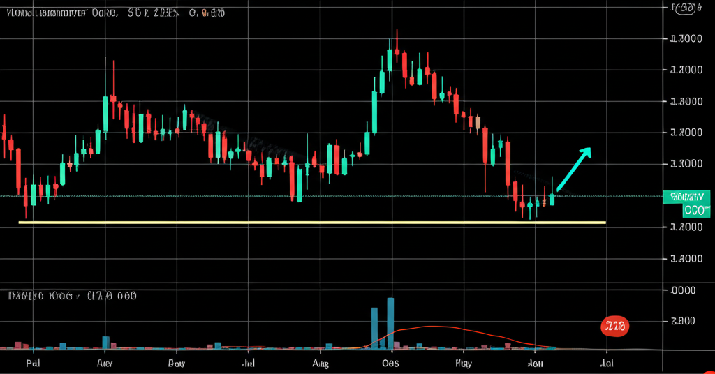 A clear illustration of an inverted hammer candlestick on a chart after a long downtrend near a support level with buyers gaining control