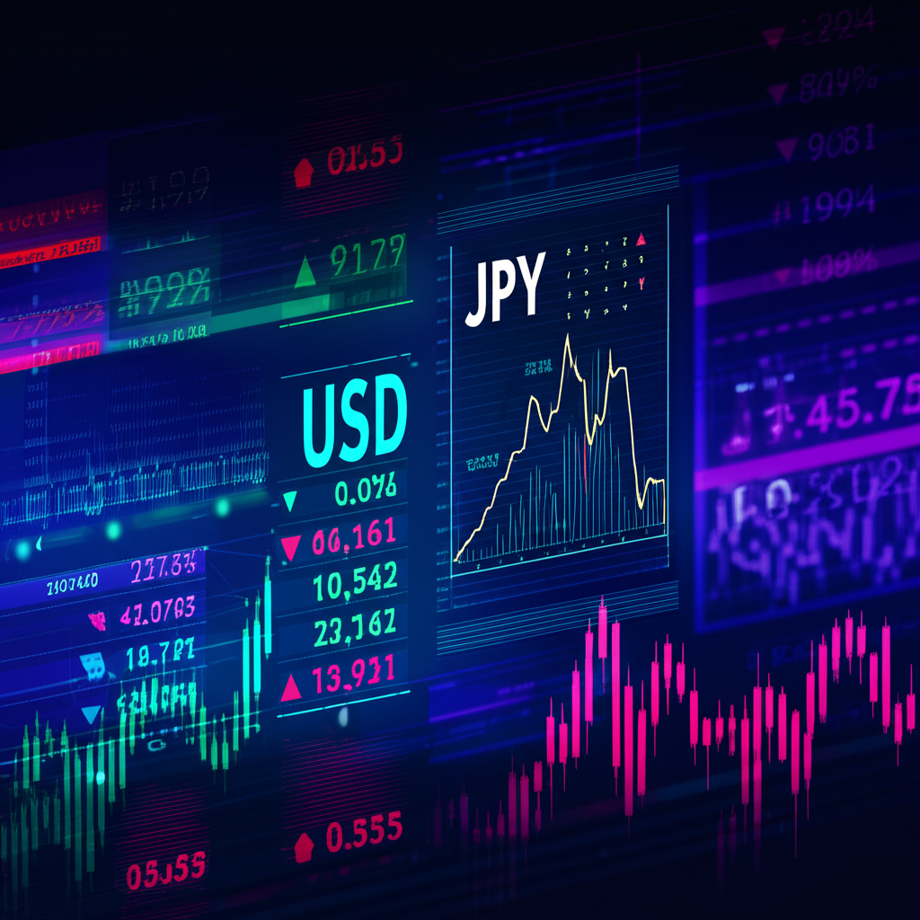 ภาพประกอบแผงควบคุมดิจิทัลแสดงอัตราแลกเปลี่ยน JPY/USD แบบสด พร้อมกราฟและตัวเลข