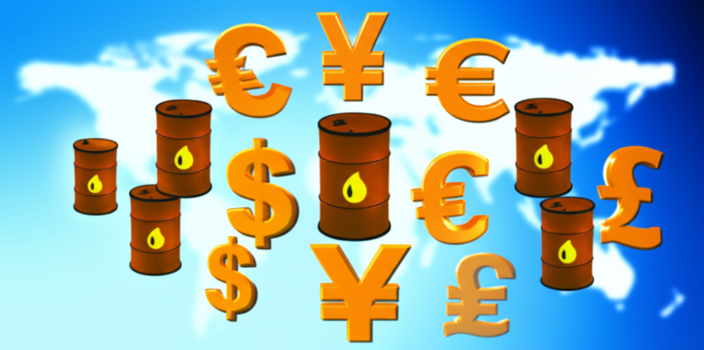 An illustration of a global economy with oil barrels and money symbols representing interconnectedness and influence