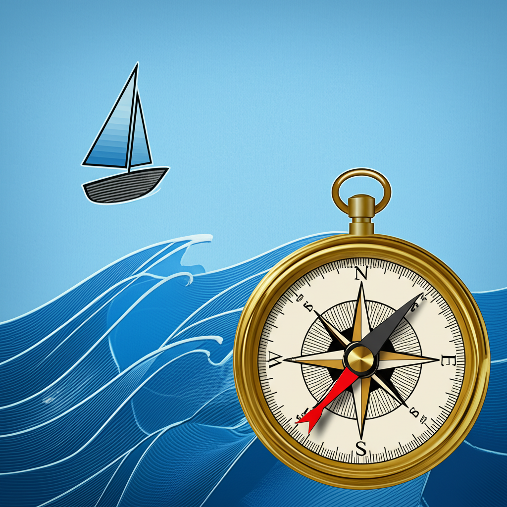 An illustration of a compass guiding a small boat on a wavy investment ocean for a new investor